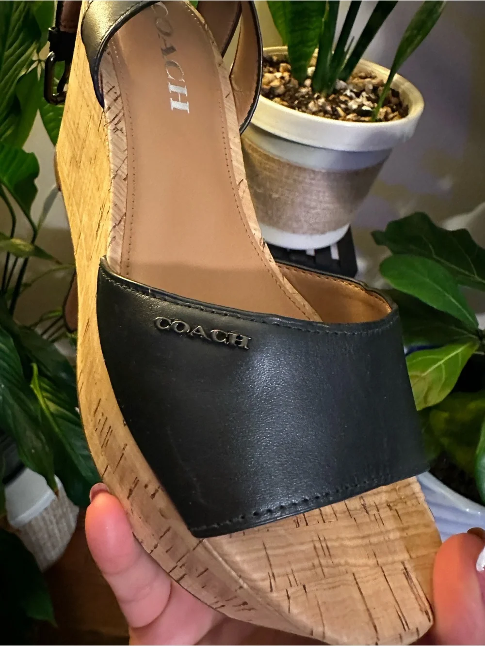 COACH Black Leather Cork Wedge Sandals with Crisscross Straps Size 7